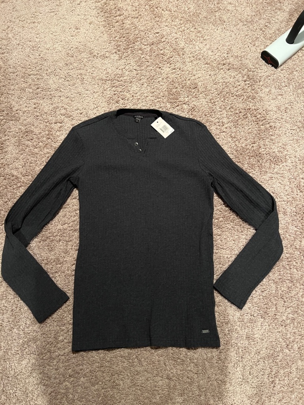 Men's Charcoal Ribbed Henley Sweater BRAND NEW #Guess
